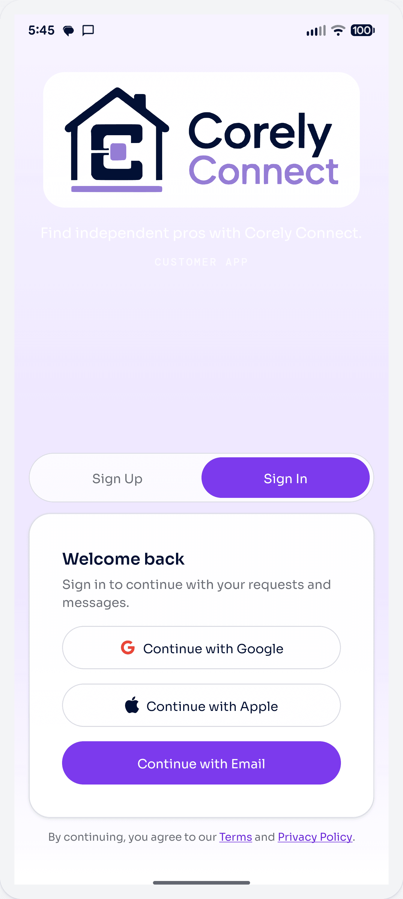 Corely Connect welcome screen