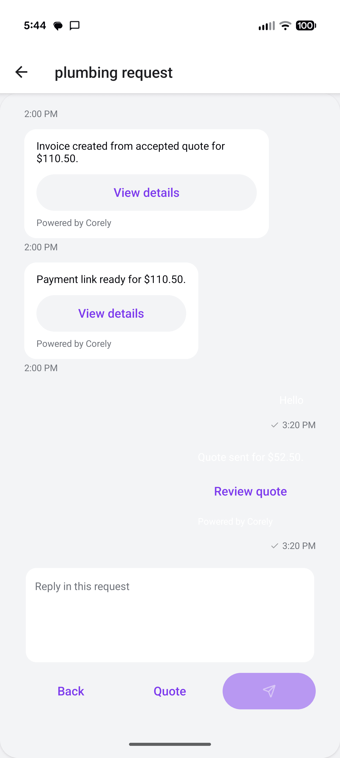 Corely Pro request thread with quote and payment details