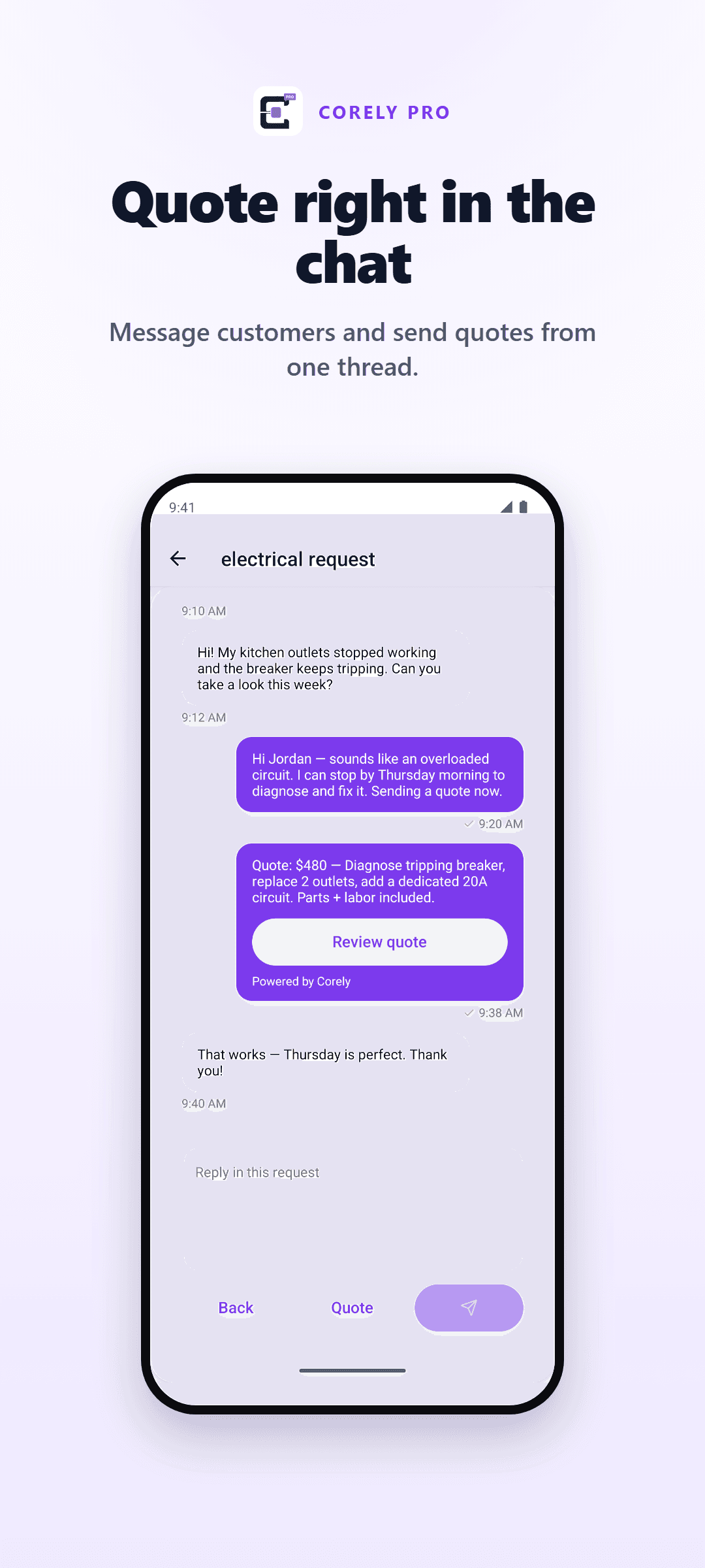 Corely Pro quote screen