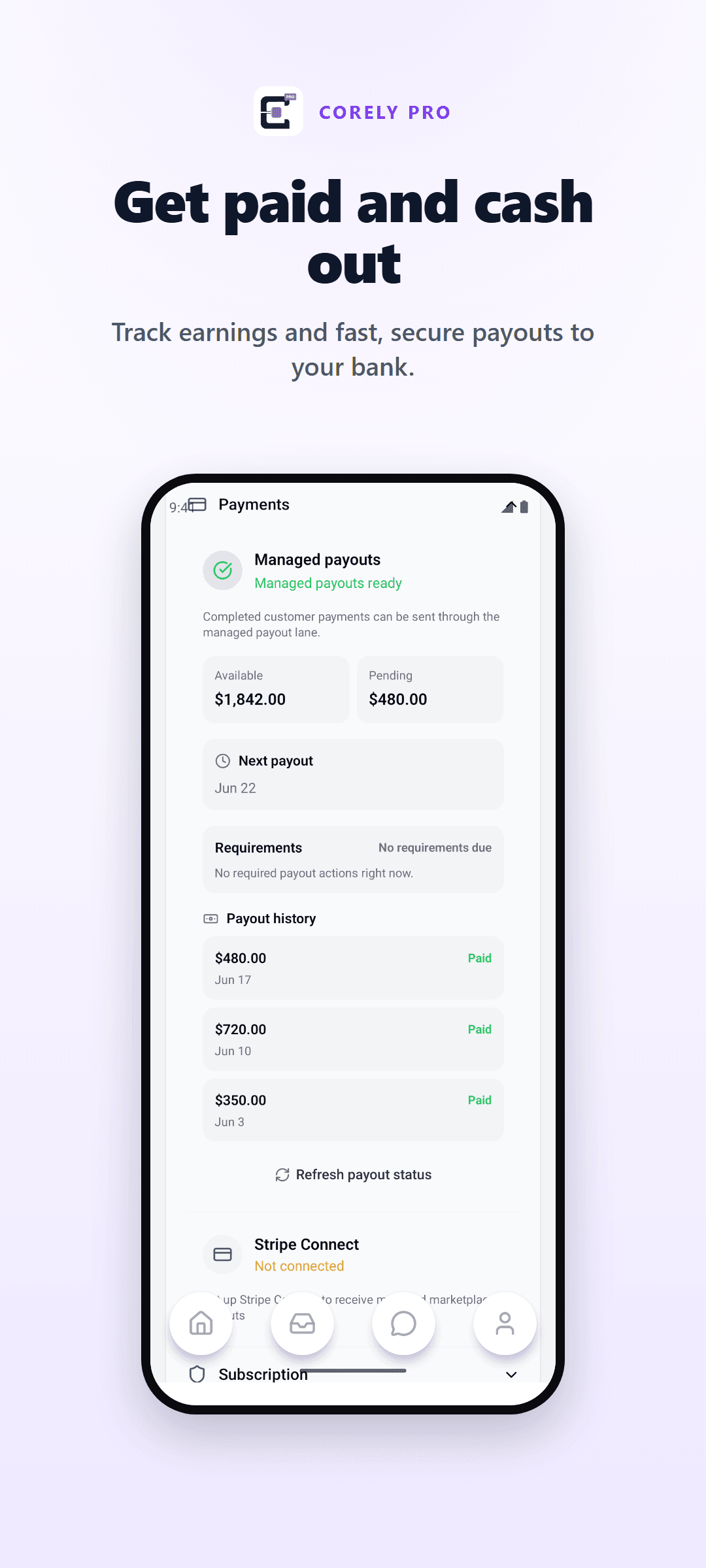 Corely Pro earnings screen