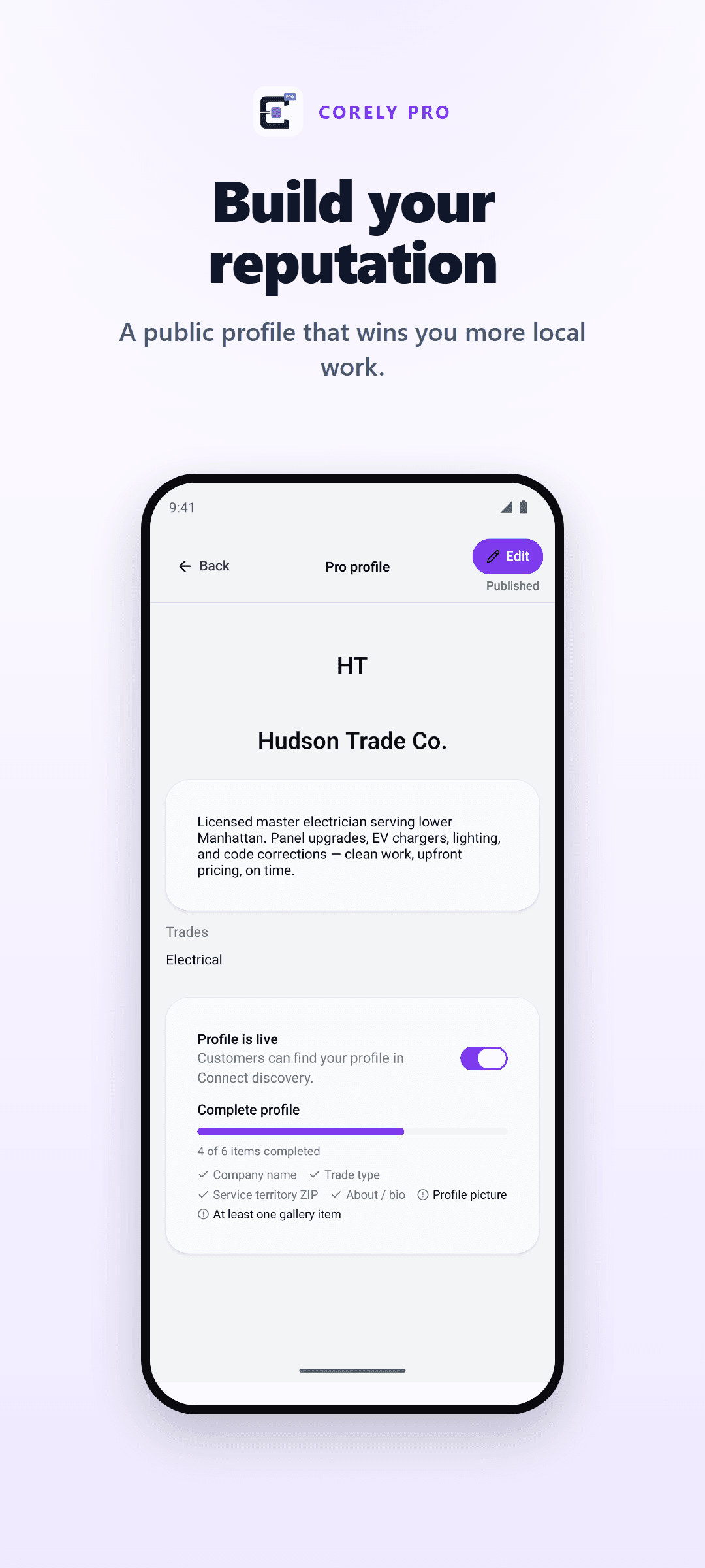Corely Pro profile screen