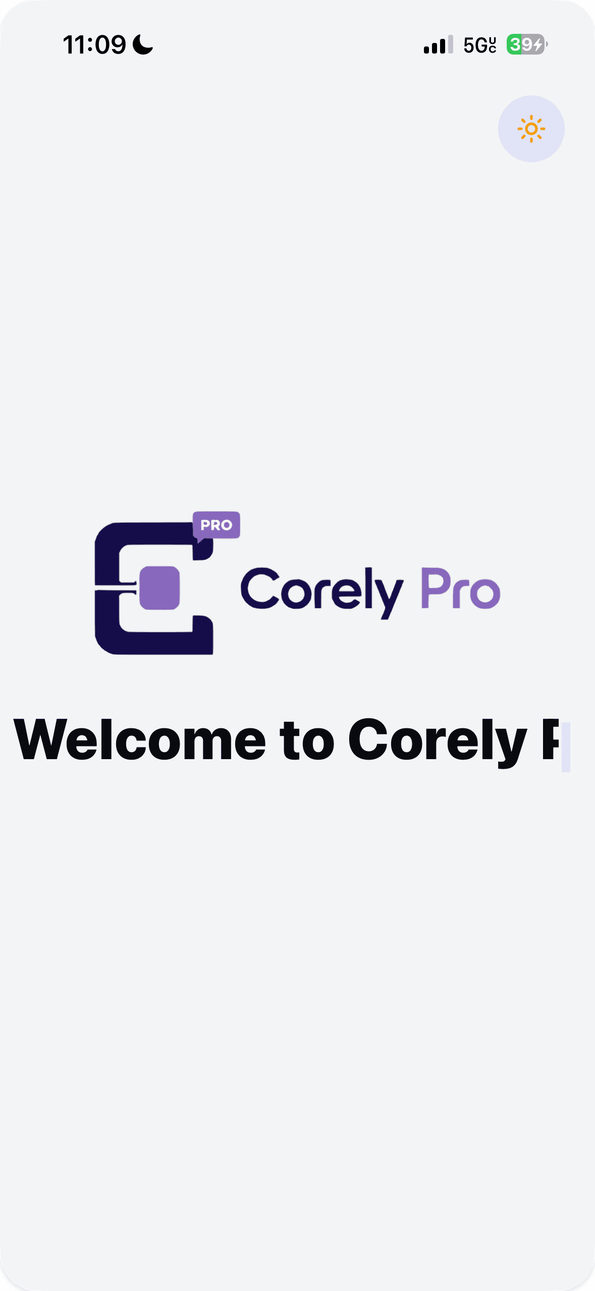 Corely Pro welcome screen